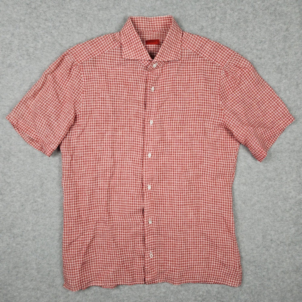 Isaia Napoli Mens Medium Red Short Sleeve Button Shirt Gingham Check Plaid Linen